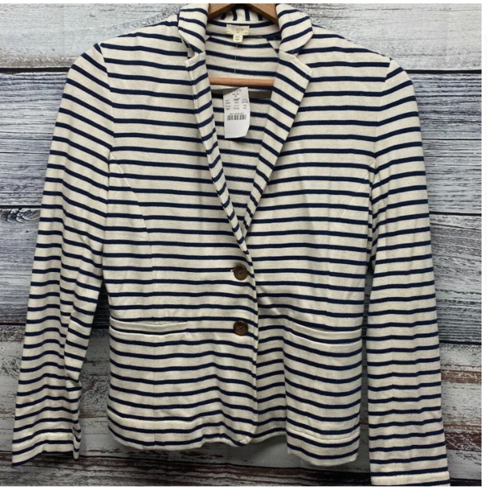 NEW J. CREW FACTORY STRIPED KNIT POCKET BLAZER. SIZE XS. NAVY/OFF WHITE!